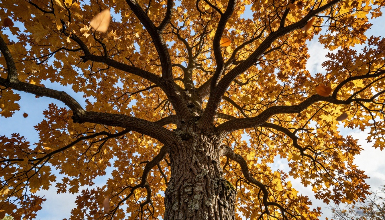 Autumn oak tree canopy from low angle showing complex organic fractal branching and backlit golden foliage Autumn oak tree canopy from low angle showing complex organic fractal branching and backlit golden foliage