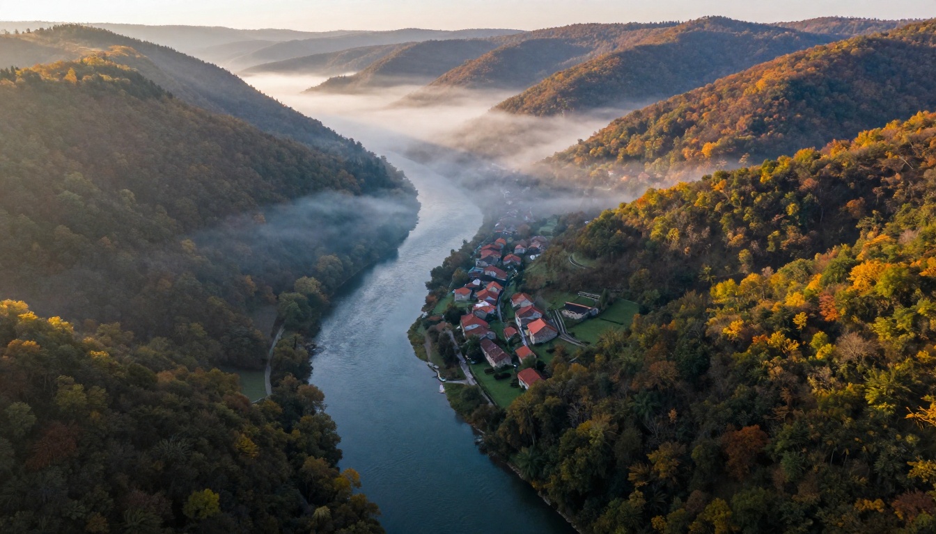 Aerial drone view of morning mist in a river valley, landscape photography AI test