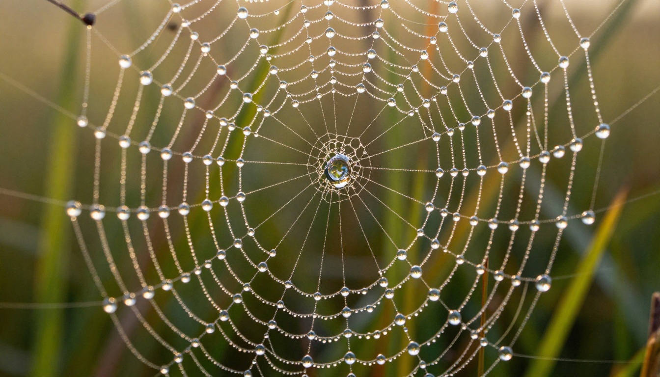 Macro photograph of dew-covered spider web in morning light, fine detail AI image test