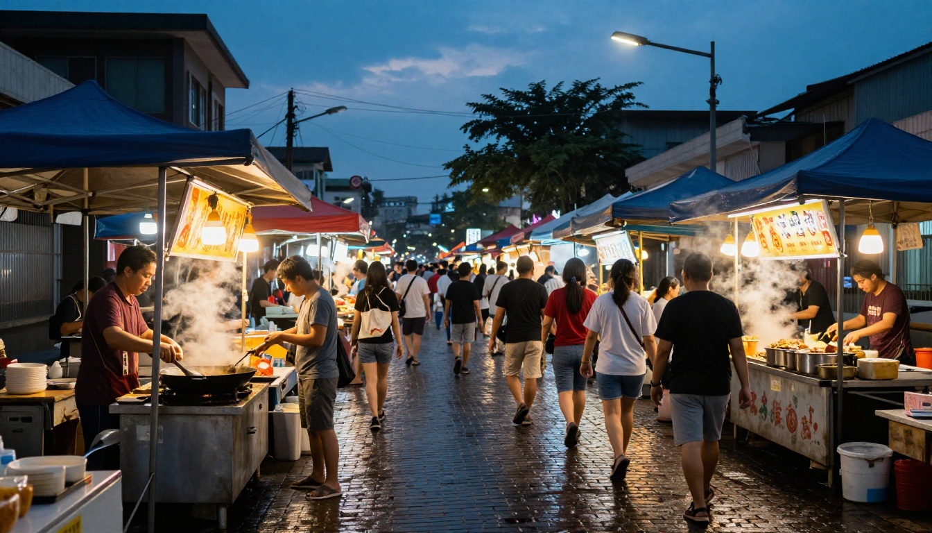Asian street food market at dusk with warm tungsten light and steaming food stalls