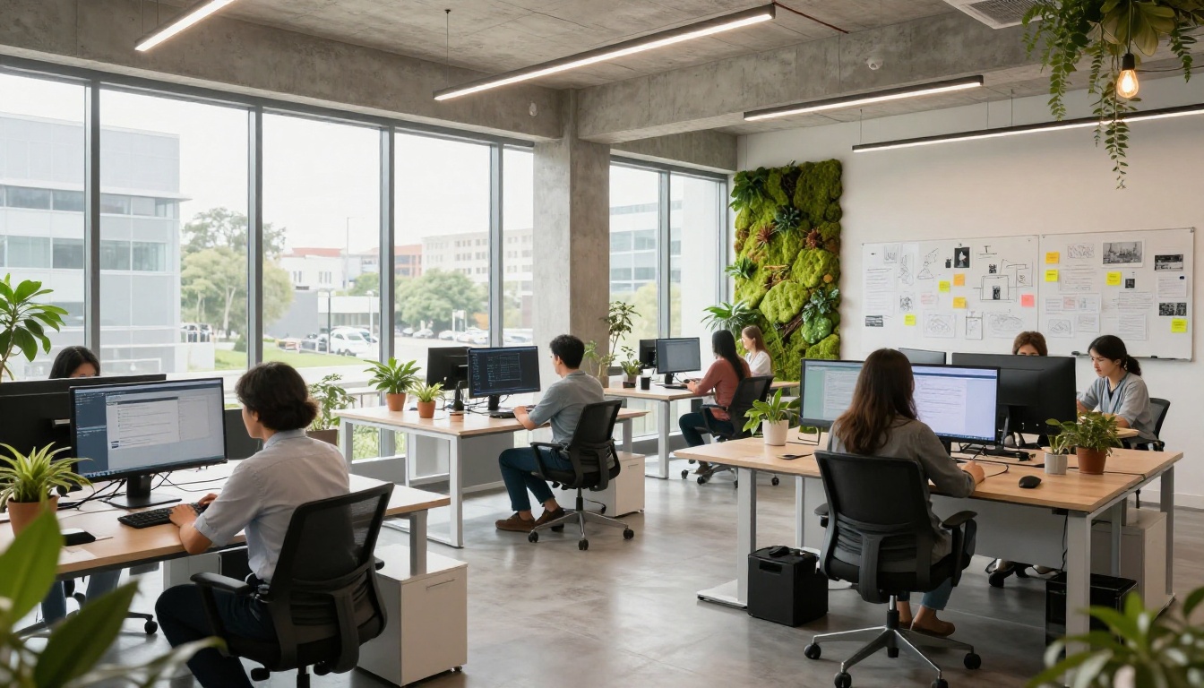 Modern creative office with natural daylight flooding through floor-to-ceiling windows