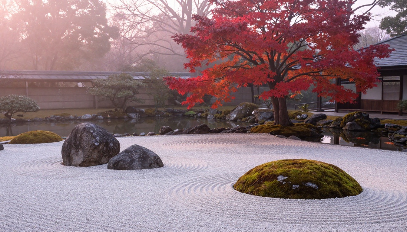 Serene Japanese zen garden at dawn with raked gravel patterns and maple tree reflection