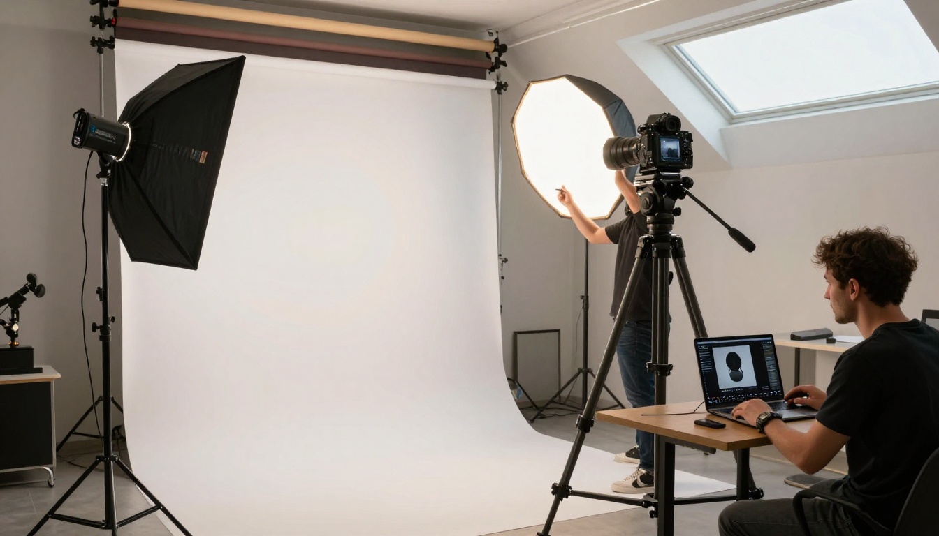 Professional photography studio setup with octabox strobes and medium format camera on tripod