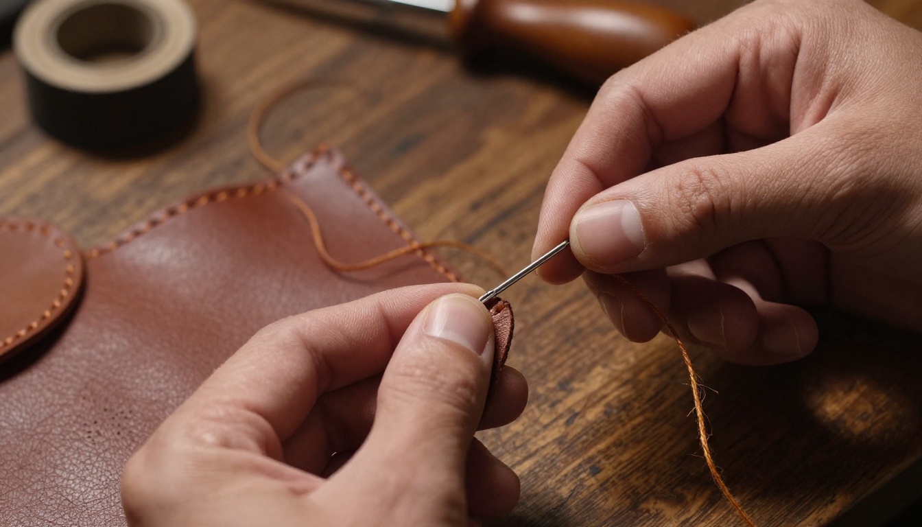 Ultra-sharp macro close-up of craftsperson's hands stitching leather, individual pores and fiber textures visible