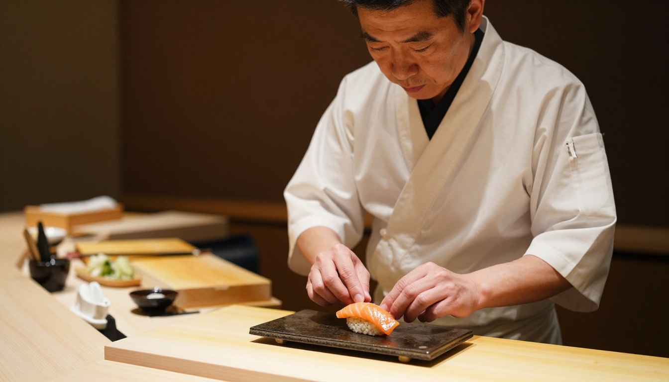 Japanese chef carefully plating nigiri with precision, every element placed exactly as described, photorealistic detail