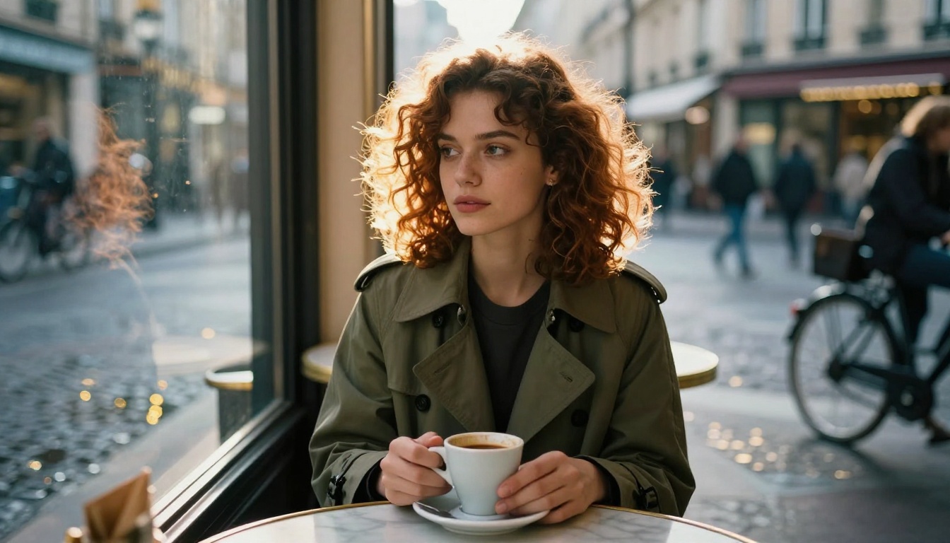 Young woman at Parisian café, morning light creating natural subsurface scattering on skin, photorealistic color science throughout