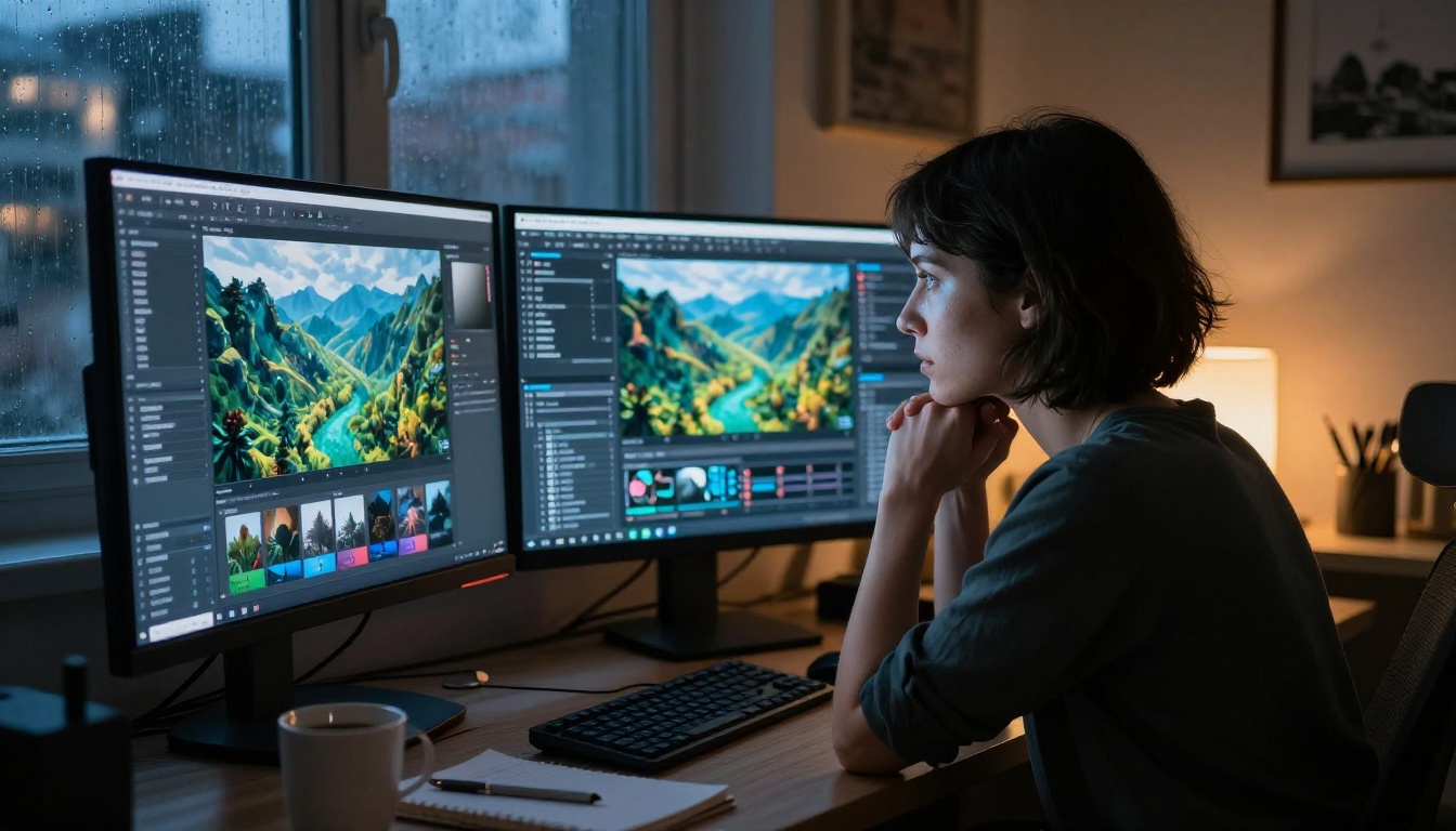 Professional digital artist at dual monitors late at night, screens glowing blue-white, creative workflow in progress