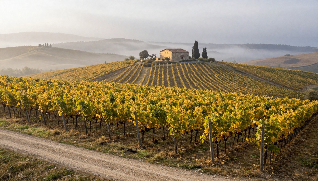 Aerial view of Tuscany vineyard with full-frame detail preserved from close foreground vines to distant stone farmhouse