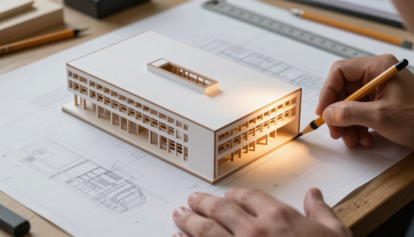 Architect's precise scale model on drafting table, demonstrating fine structural detail and edge definition at close range
