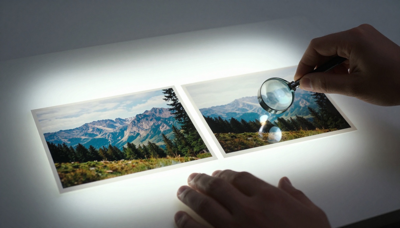 Two photos on a light table being compared with a jeweler's loupe, one sharp and detailed, one soft, illustrating generation quality differences