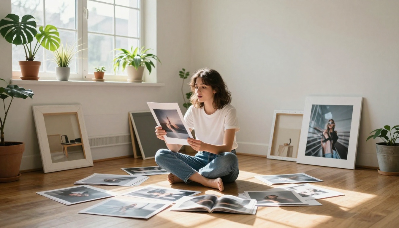 Young creative woman sitting in a sunlit studio with printed photographs, holding one up in the afternoon light with quiet satisfaction