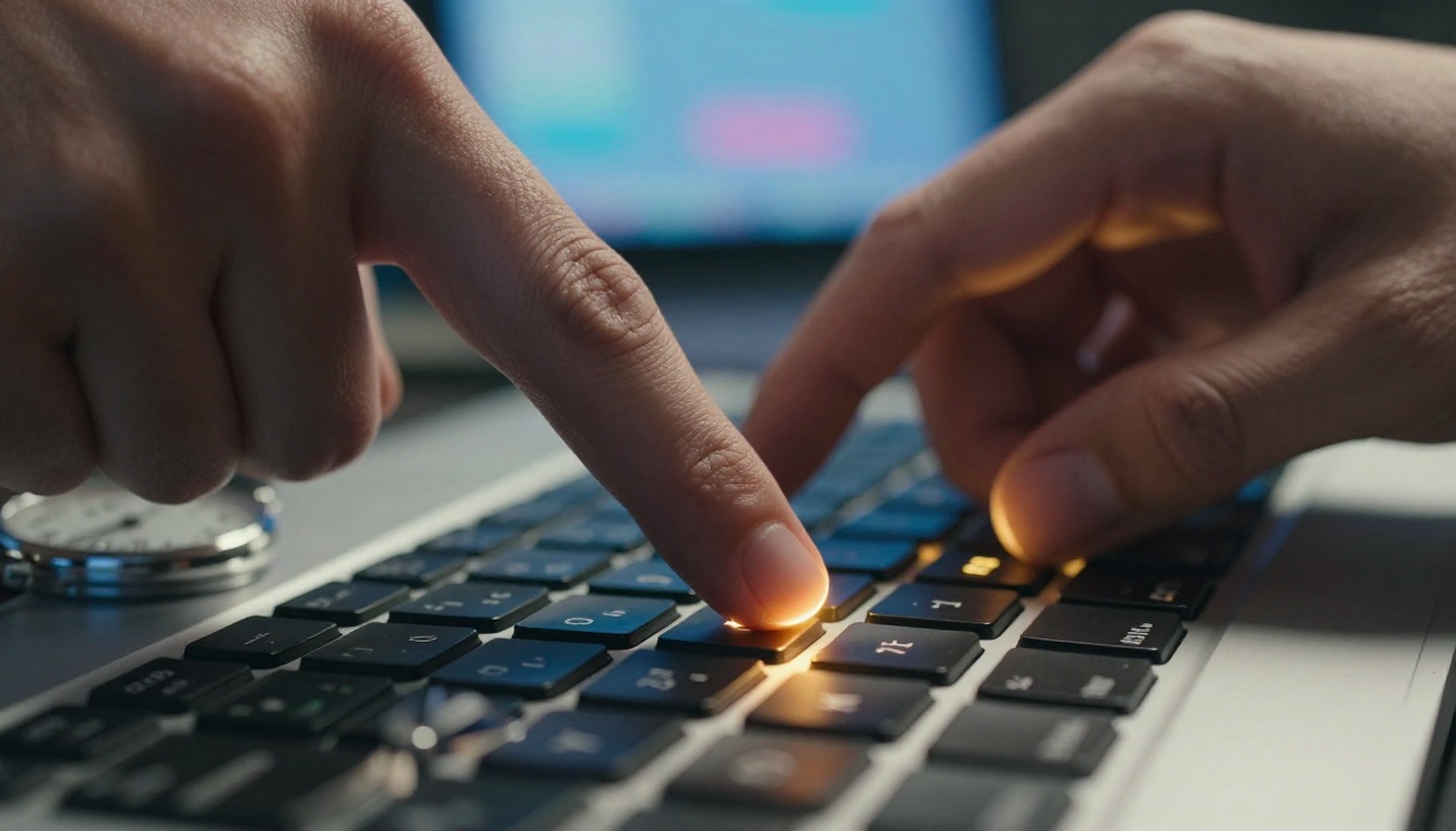 A hand hovering over a mechanical keyboard with a stopwatch on a brushed aluminum desk, shallow bokeh background with soft glow A hand hovering over a mechanical keyboard with a stopwatch on a brushed aluminum desk, shallow bokeh background with soft glow