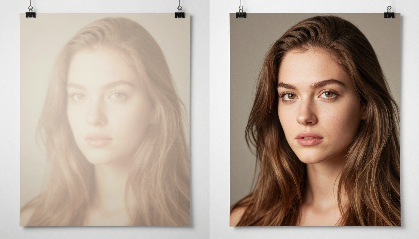 Side-by-side large format print comparison pinned to a white foam board, one blurred on the left and razor-sharp on the right showing portrait detail Side-by-side large format print comparison pinned to a white foam board, one blurred on the left and razor-sharp on the right showing portrait detail