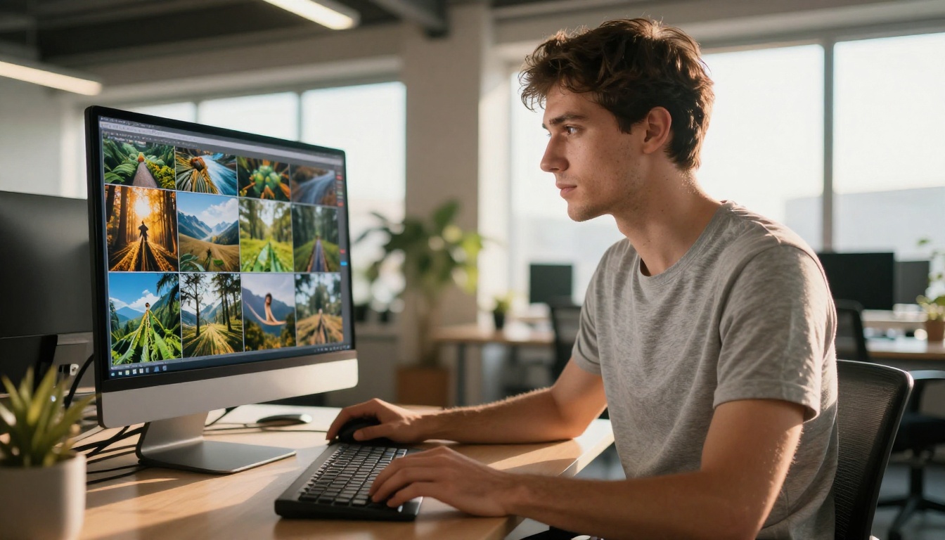 Young entrepreneur standing at a standing desk reviewing a large monitor displaying a grid of crisp AI-generated nature photographs Young entrepreneur standing at a standing desk reviewing a large monitor displaying a grid of crisp AI-generated nature photographs