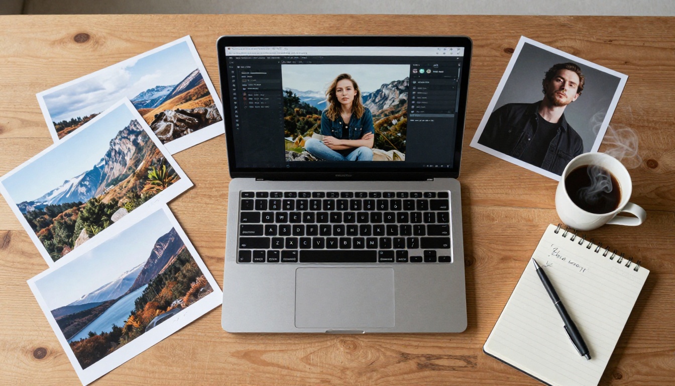 Aerial top-down view of a designer's desk with laptop showing AI images, scattered printed photos, coffee, and a notepad Aerial top-down view of a designer's desk with laptop showing AI images, scattered printed photos, coffee, and a notepad