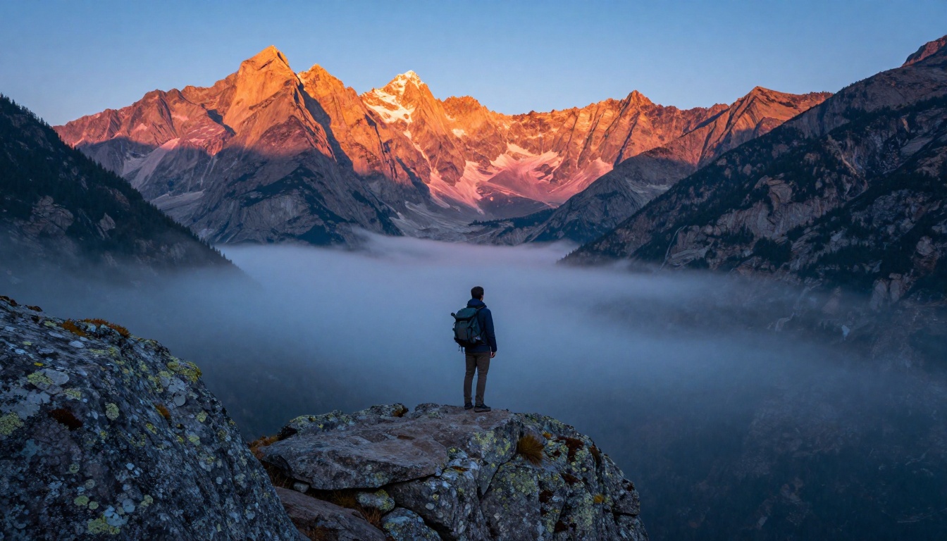 Lone hiker standing at a cliff edge facing a dramatic mountain valley with alpenglow on peaks and low-lying mist Lone hiker standing at a cliff edge facing a dramatic mountain valley with alpenglow on peaks and low-lying mist