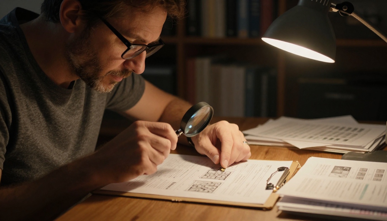 Man in his 40s reviewing printed test images on a clipboard with a loupe magnifier, incandescent desk lamp lighting the work surface Man in his 40s reviewing printed test images on a clipboard with a loupe magnifier, incandescent desk lamp lighting the work surface