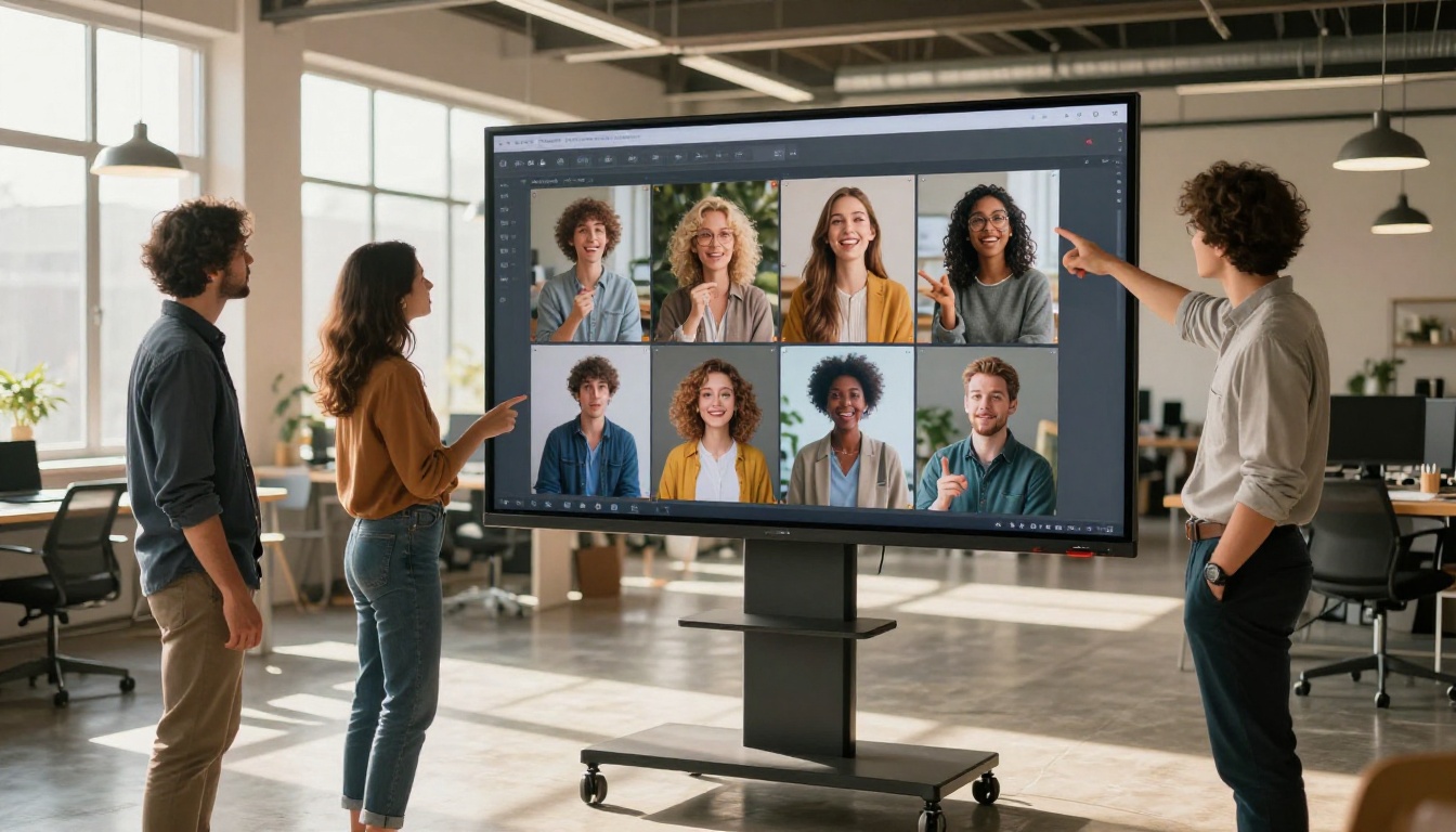 Three-person creative team gathered around a touchscreen display showing a grid of AI-generated images in animated discussion Three-person creative team gathered around a touchscreen display showing a grid of AI-generated images in animated discussion