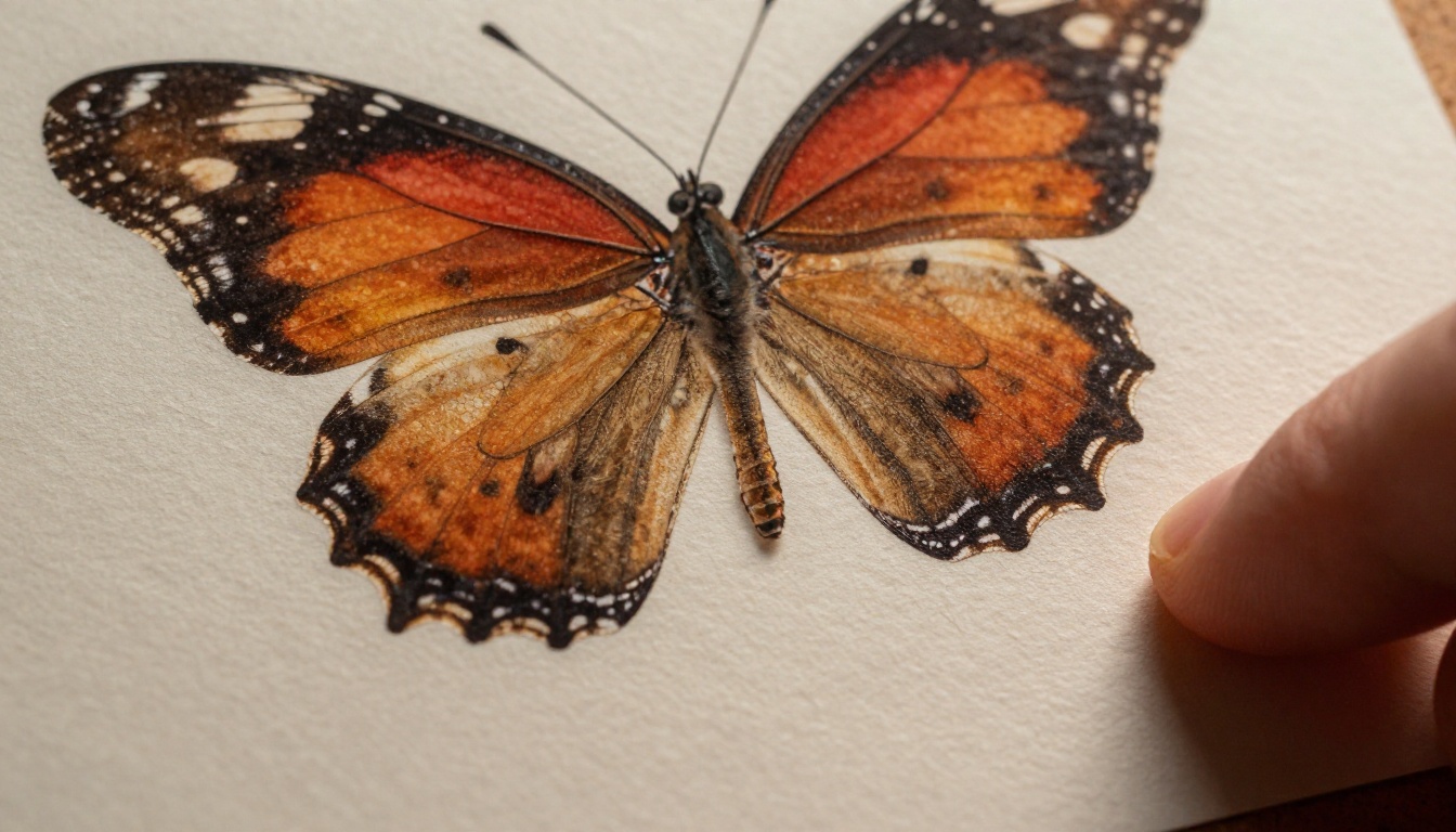 Extreme macro close-up of a high-resolution print on cork board showing butterfly wing micro-detail with a fingertip for scale Extreme macro close-up of a high-resolution print on cork board showing butterfly wing micro-detail with a fingertip for scale