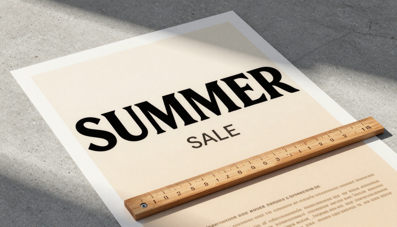 A flat-lay typography poster showing AI-generated bold serif text with sharp, legible letterforms on a cream background