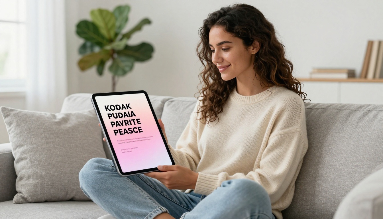 A social media content creator holding an iPad Pro, reviewing a social media graphic template with clean bold sans-serif text on a soft gradient background
