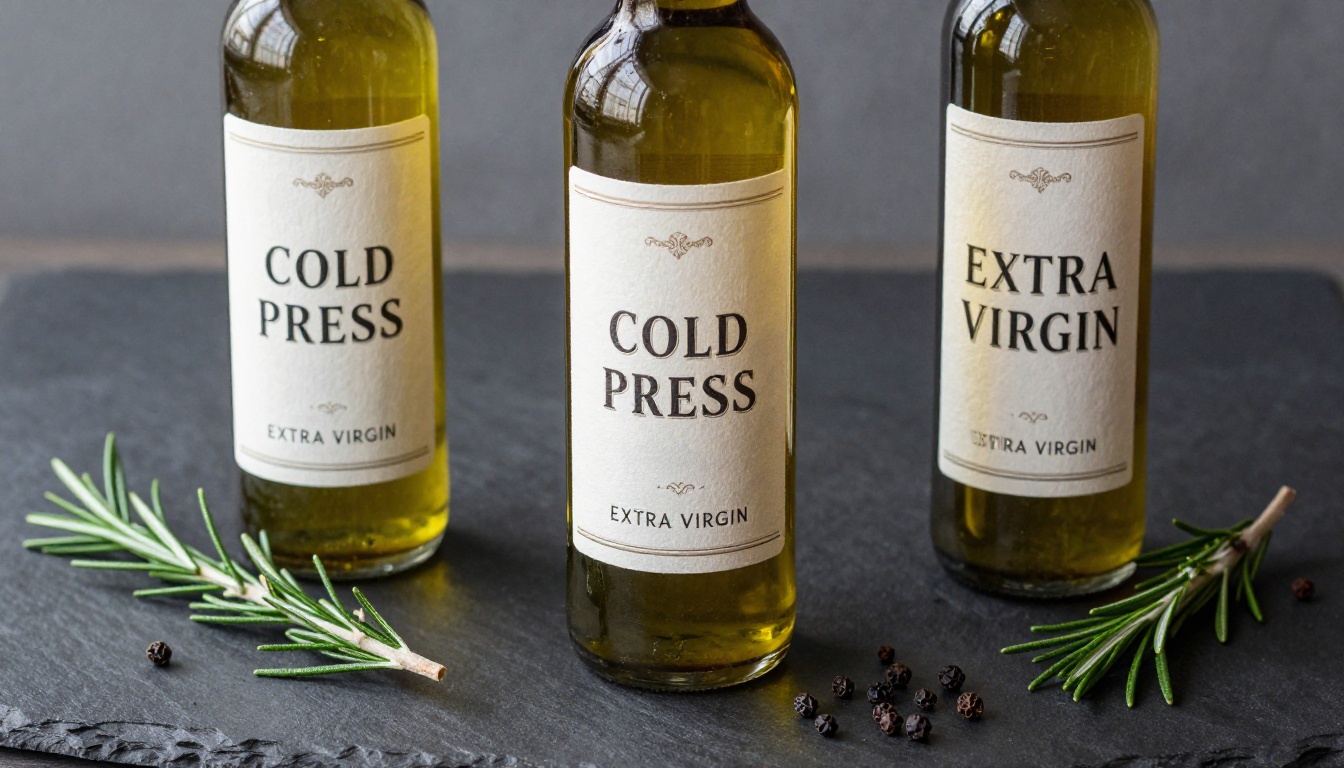 Three artisanal olive oil bottles with typographic product labels showing clean serif text, directional studio lighting on a dark slate surface