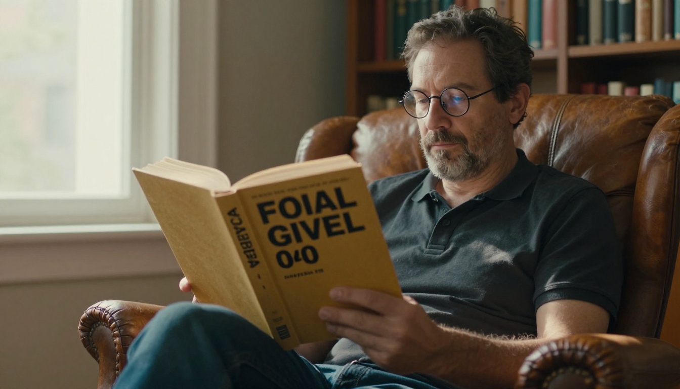 A man in a leather armchair reading a hardcover book, the jacket showing clean typographic title text in bold black letters on a muted amber background