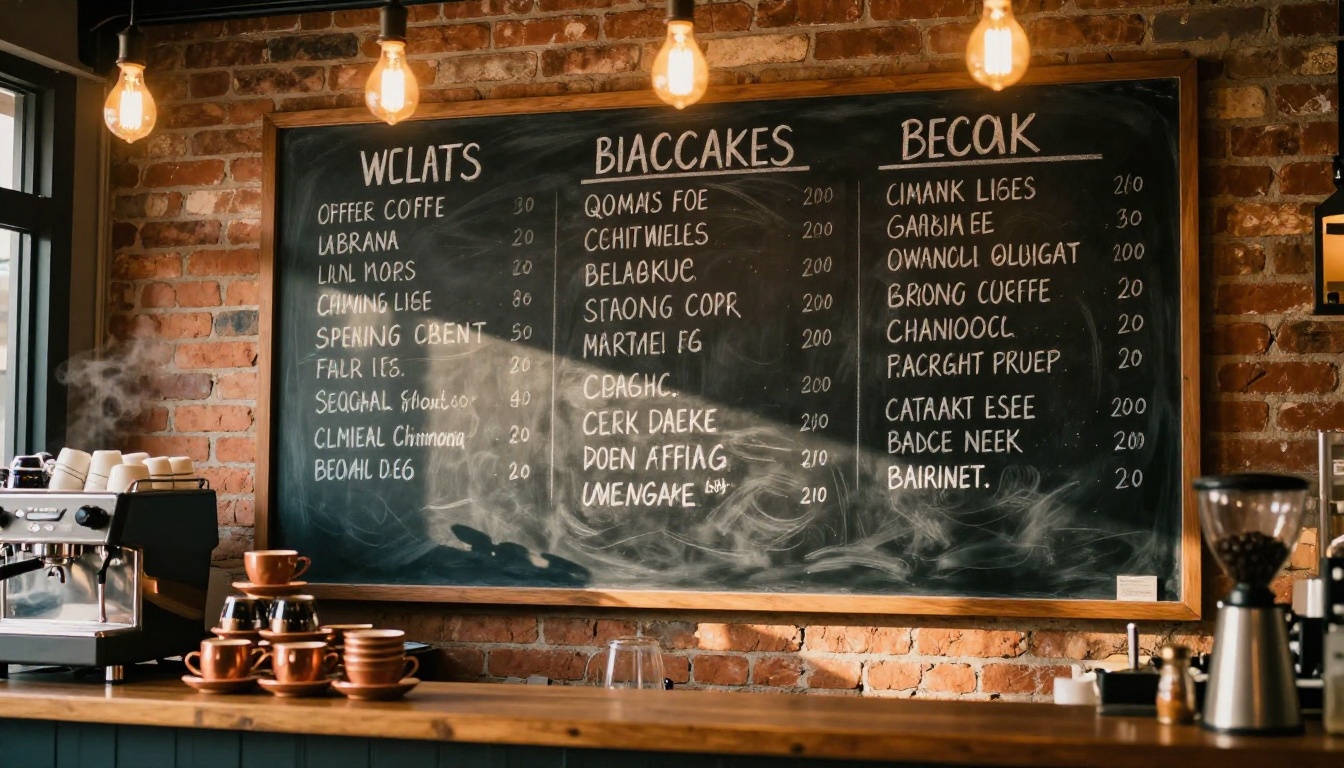 Interior of a warm coffee shop with a chalkboard menu on exposed brick wall, handwritten-style text categories and item names visible, Edison bulb lighting overhead