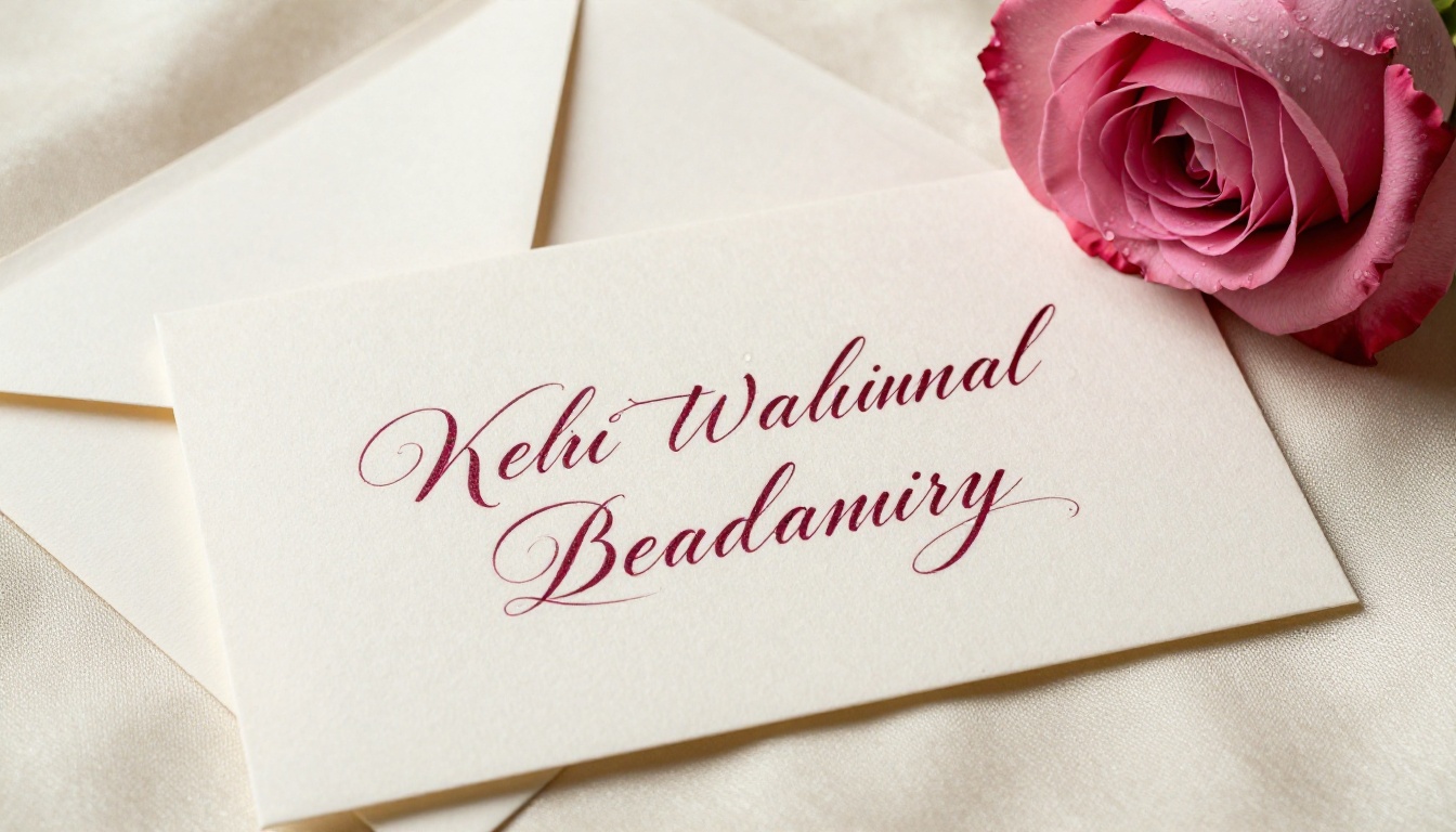 Luxury wedding invitation suite with elegant calligraphic script text on thick cotton-rag card stock, flanked by smaller cards, single garden rose, cream raw silk fabric, romantic directional studio lighting