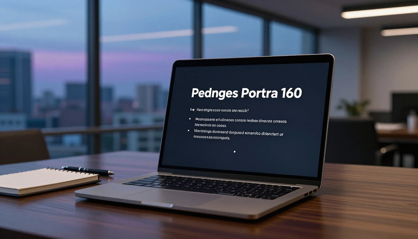 A dark-themed laptop in a modern glass-walled office, screen showing clean white sans-serif presentation typography on a charcoal background, city skyline at dusk through the windows
