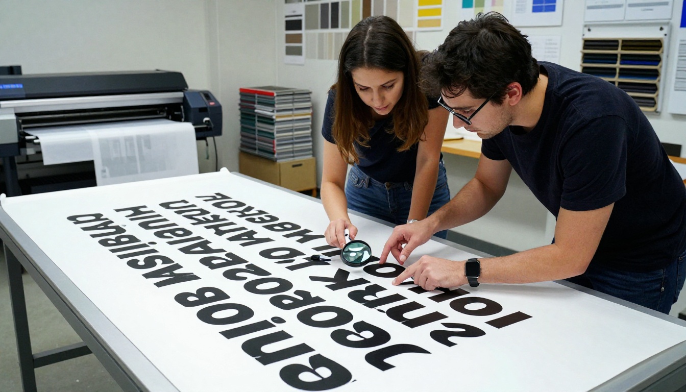 Two graphic designers closely examining a large-format printed banner at a studio light table, one using a loupe magnifier to inspect AI-generated typography for sharpness