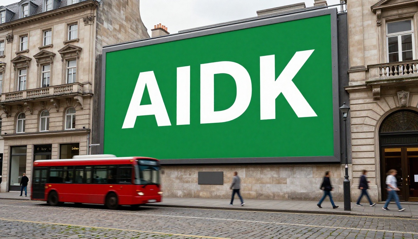 Wide-angle street view of a European city billboard with sharp white italic headline text on deep forest green background, cobblestone plaza and historic stone buildings in surrounding scene