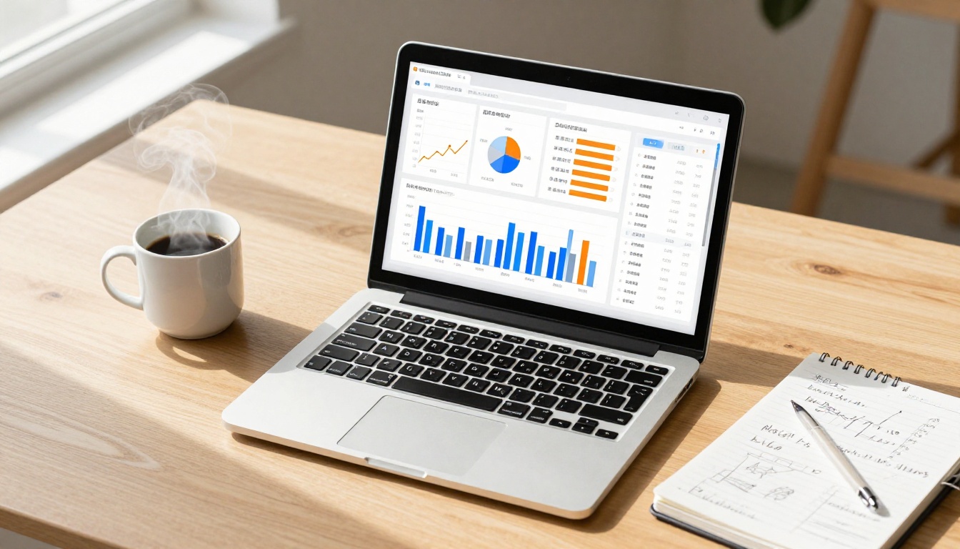Overhead laptop with colorful data dashboard and coffee mug