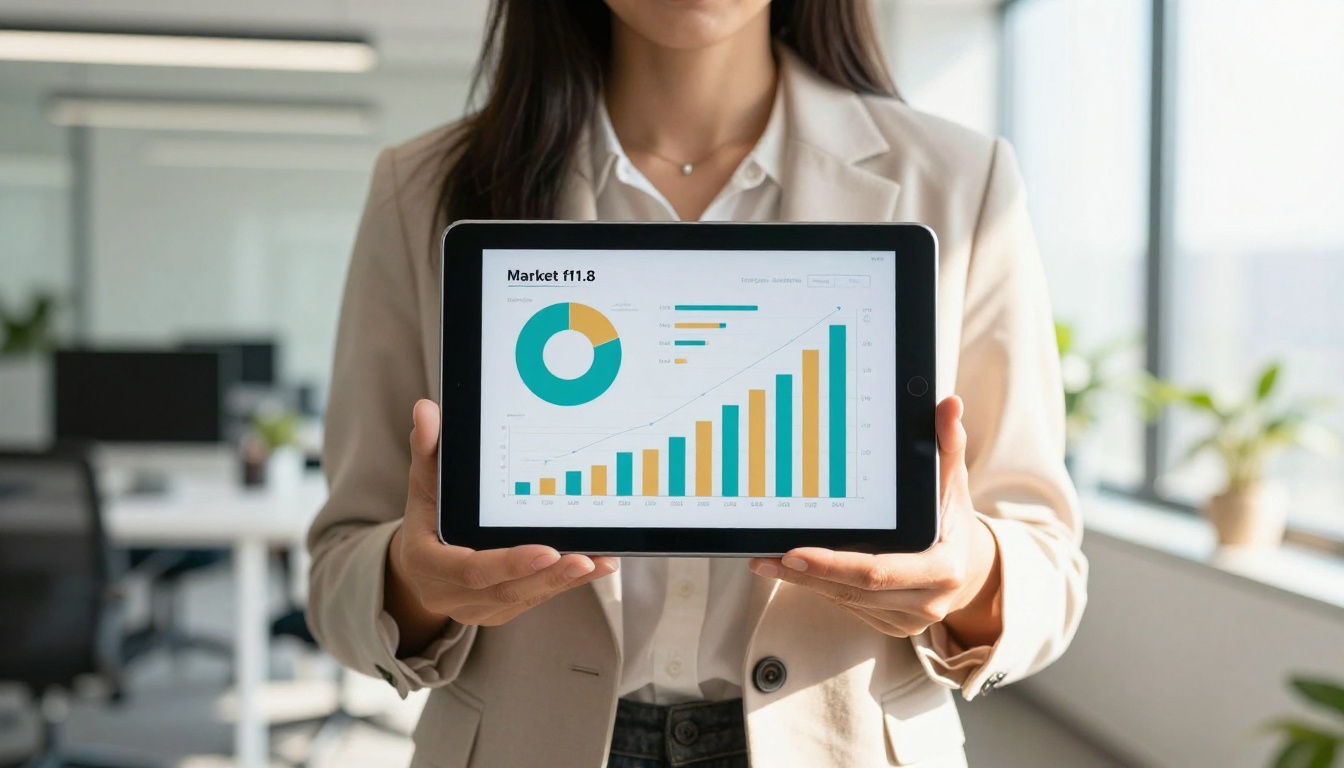 Businesswoman holding tablet with colorful infographic in modern office