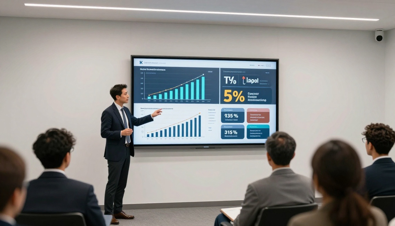 Business presenter at conference room screen with data infographic