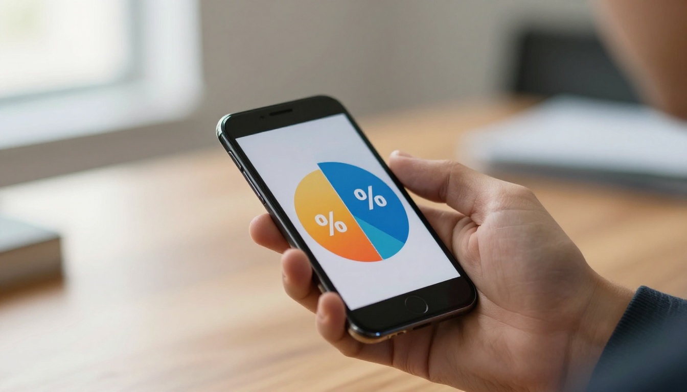 Businessman holding smartphone showing pie chart in office