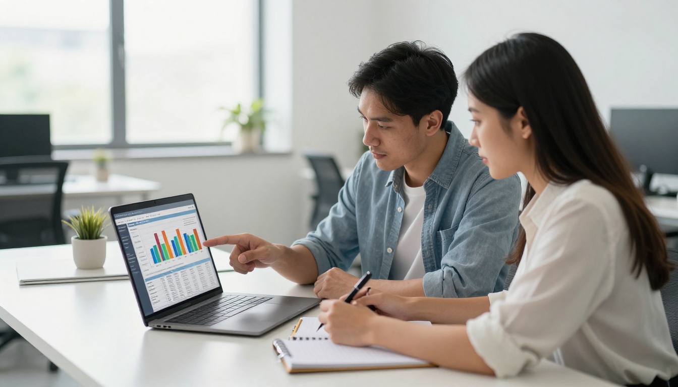 Two professionals collaborating on laptop with data charts in office