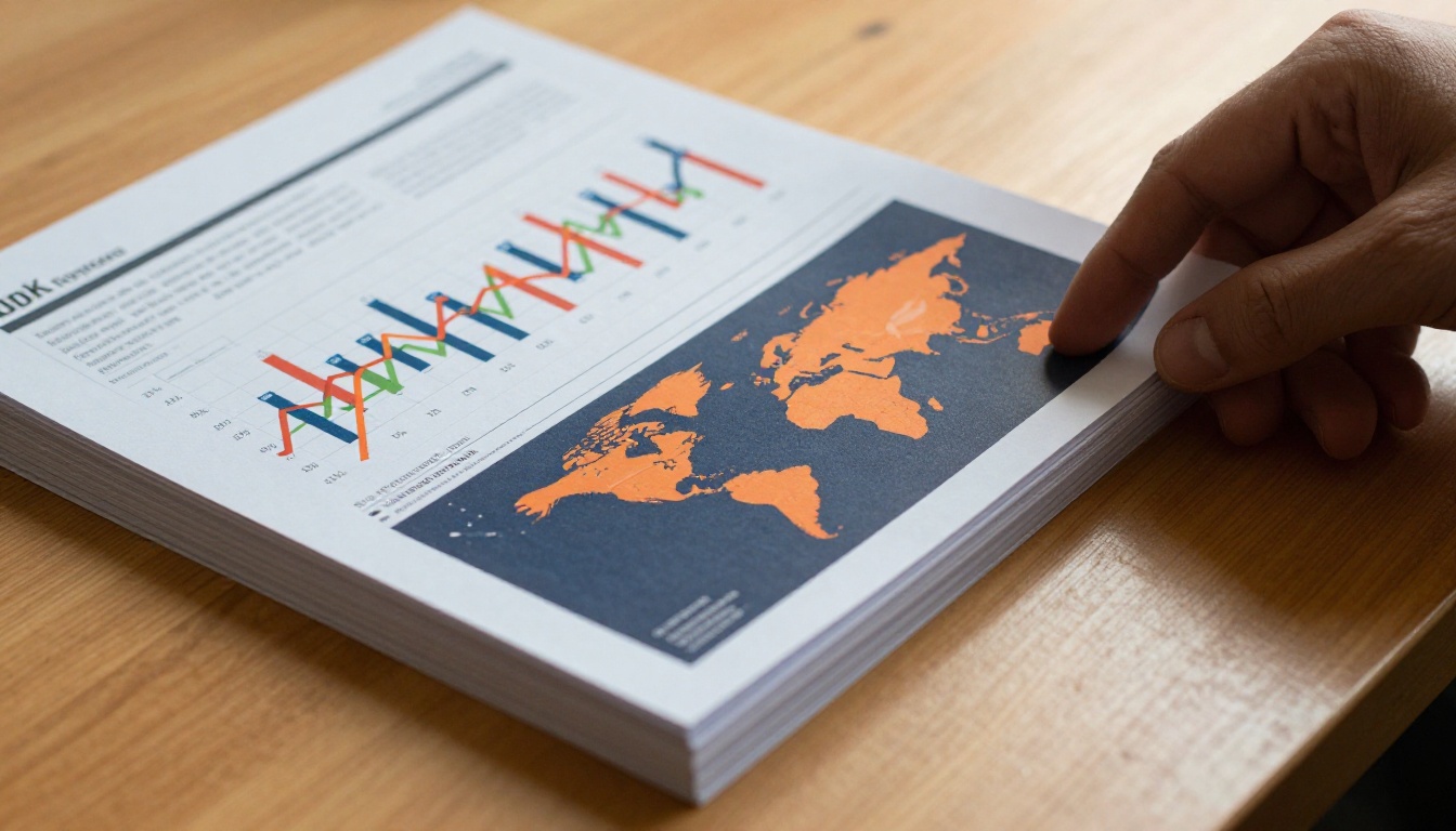 Stack of printed data reports on wood desk with hand pulling top sheet