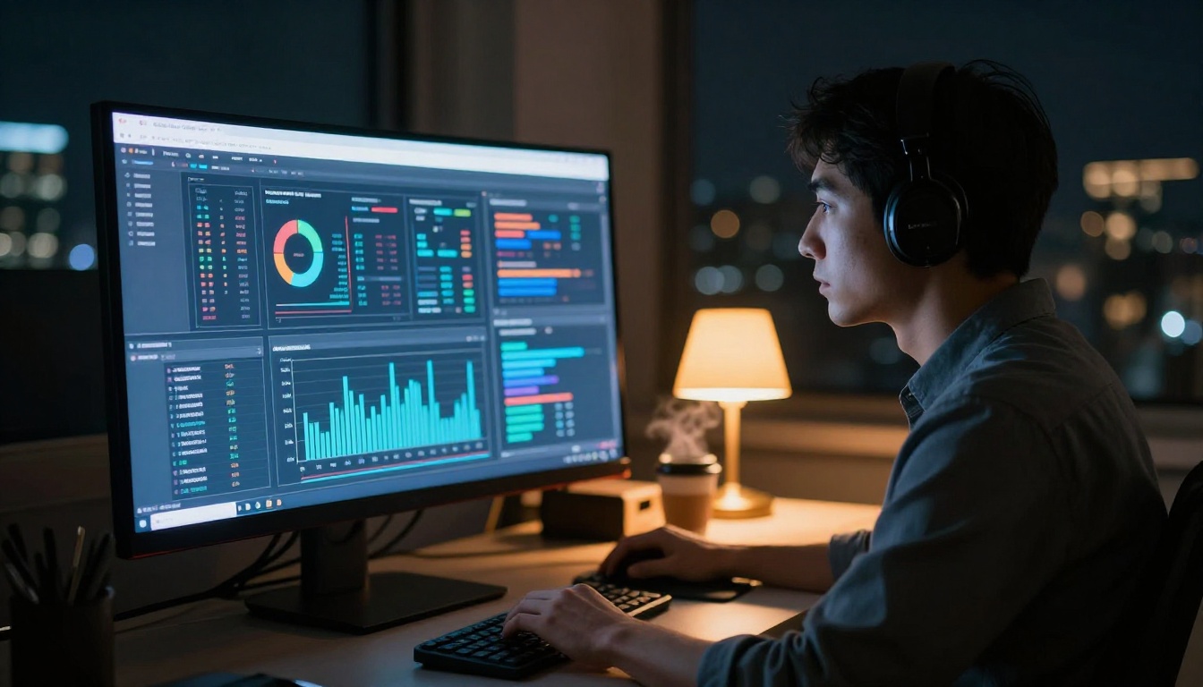 Data analyst working late at night with monitor glow in dark office