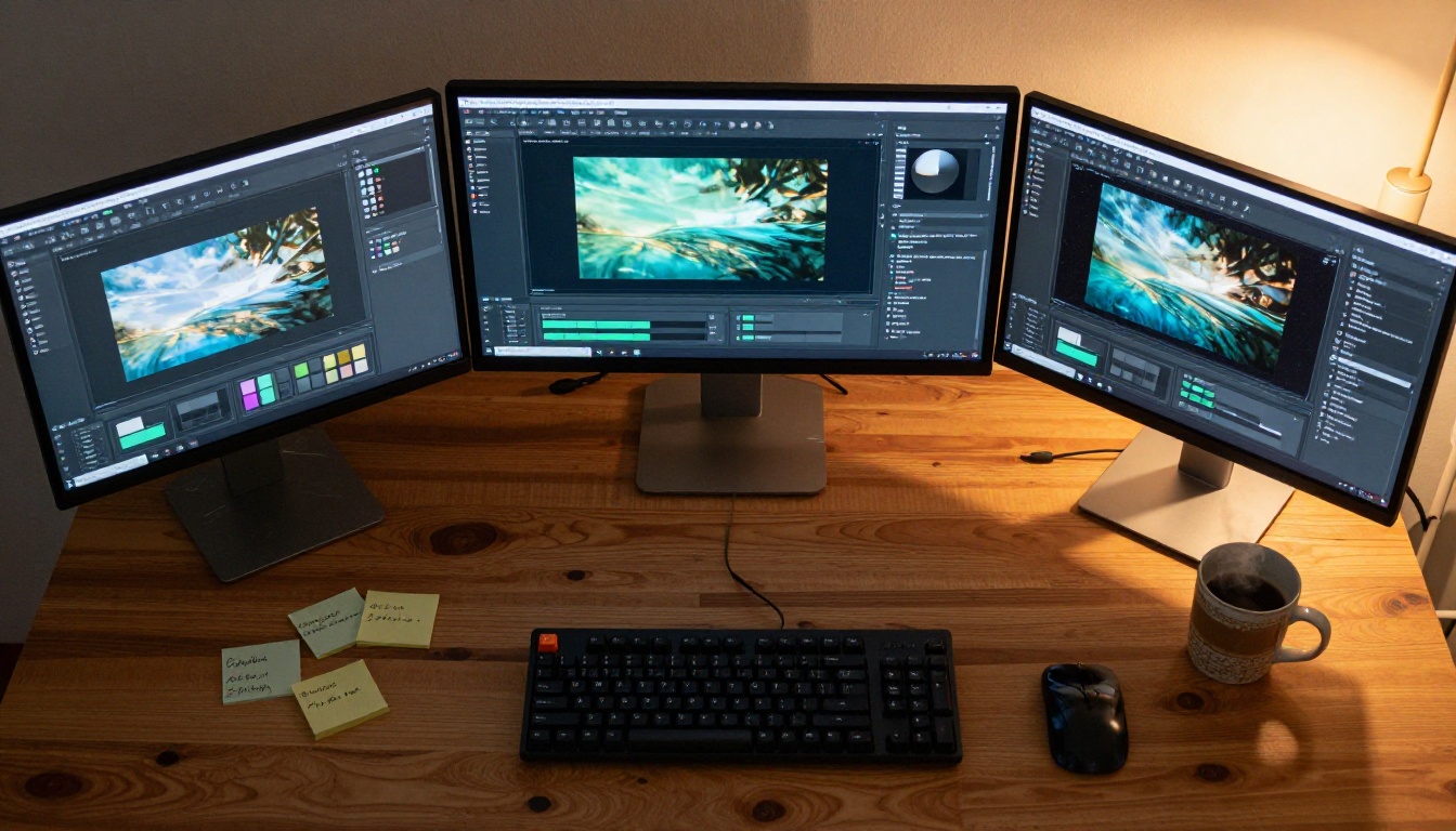 Designer workstation with multiple monitors showing AI image generation progress queues Designer workstation with multiple monitors showing AI image generation progress queues