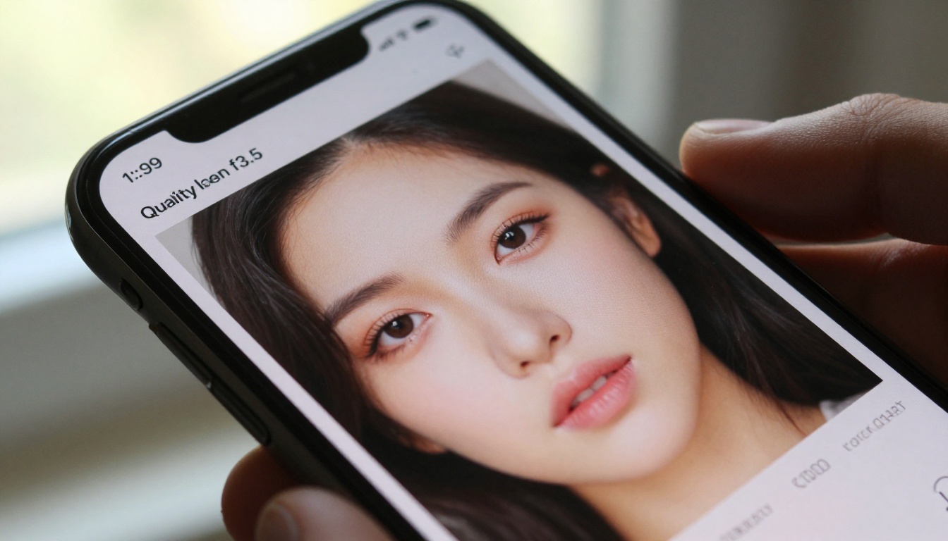 Smartphone screen close-up showing AI-generated portrait with quality metric overlays Smartphone screen close-up showing AI-generated portrait with quality metric overlays