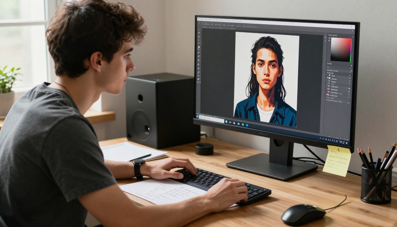 Content creator working on thumbnail design at studio desk