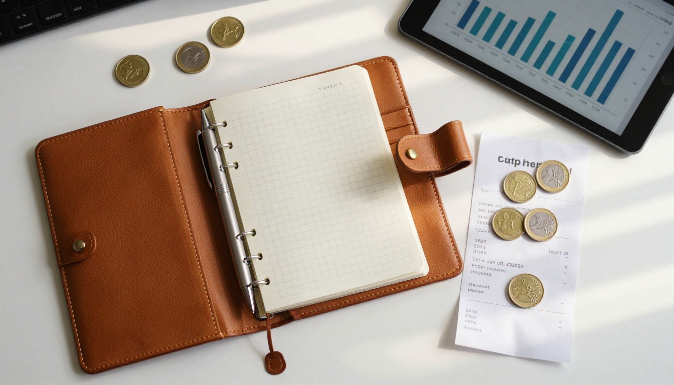 Flat lay with notebook, coins, and cost analytics tablet showing budget planning for AI generation Flat lay with notebook, coins, and cost analytics tablet showing budget planning for AI generation