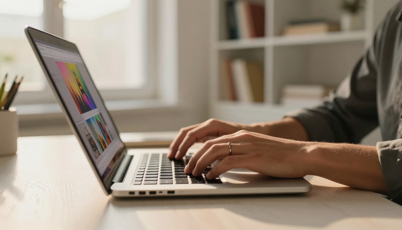 Close-up of hands typing on laptop in home office with AI generation interface on screen Close-up of hands typing on laptop in home office with AI generation interface on screen