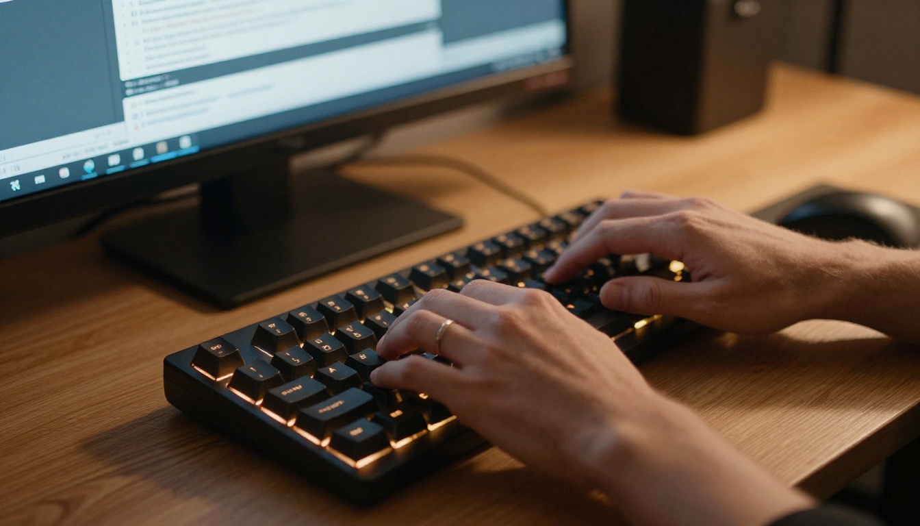 Creator's hands typing an AI image prompt on mechanical keyboard