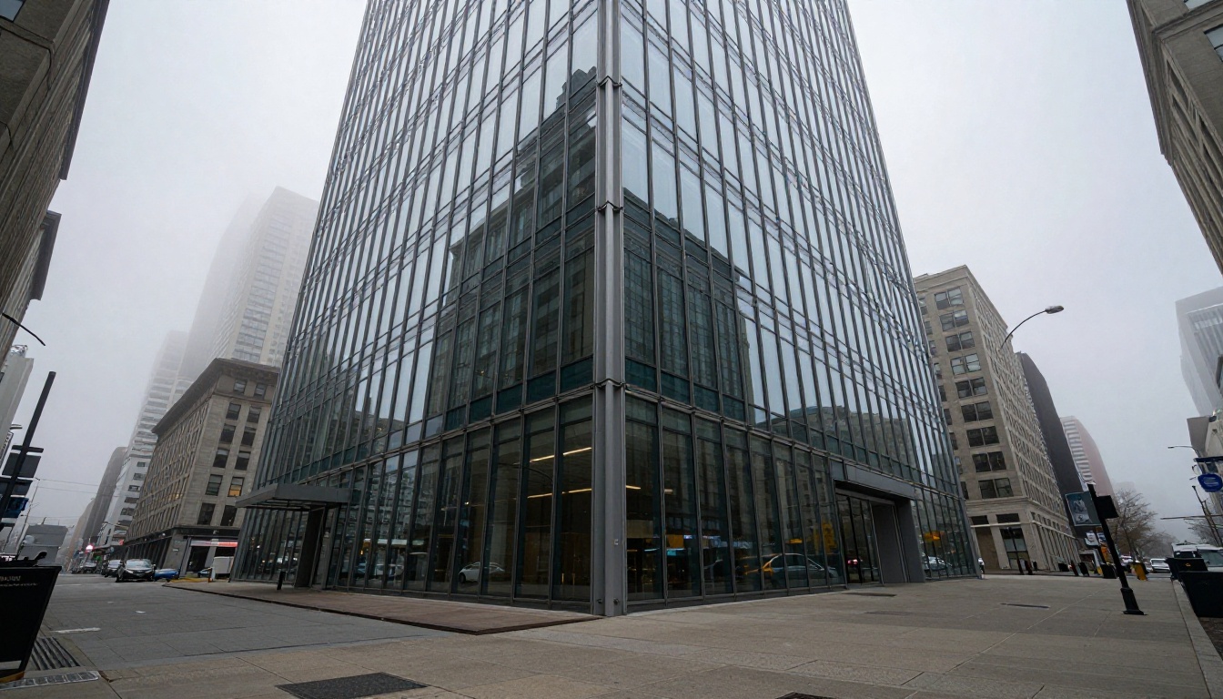 Low-angle architectural photograph of glass and steel building against overcast sky Low-angle architectural photograph of glass and steel building against overcast sky