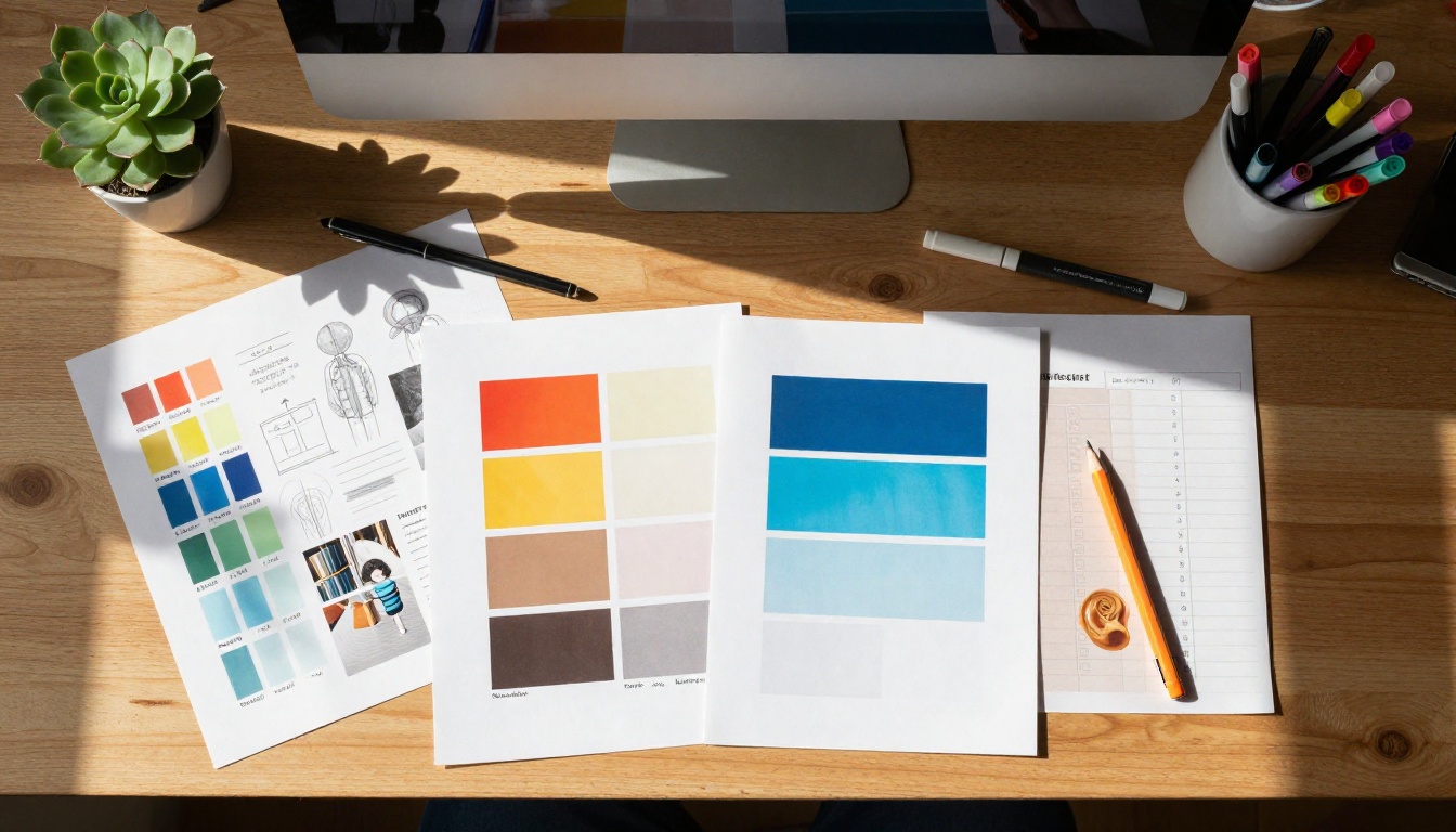 Aerial overhead view of graphic designer's desk with printed photos, color swatches, and sketches Aerial overhead view of graphic designer's desk with printed photos, color swatches, and sketches