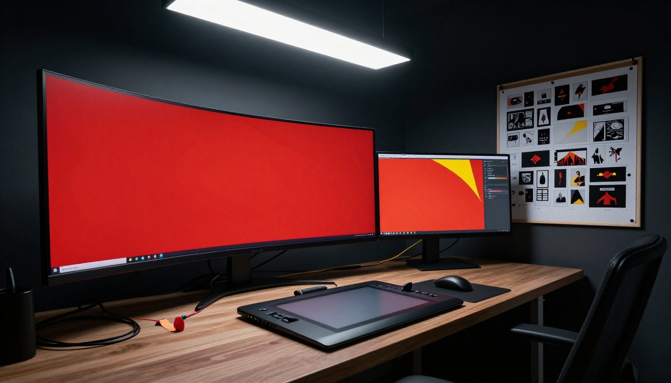 Professional graphic design studio with large monitor showing thumbnail composition