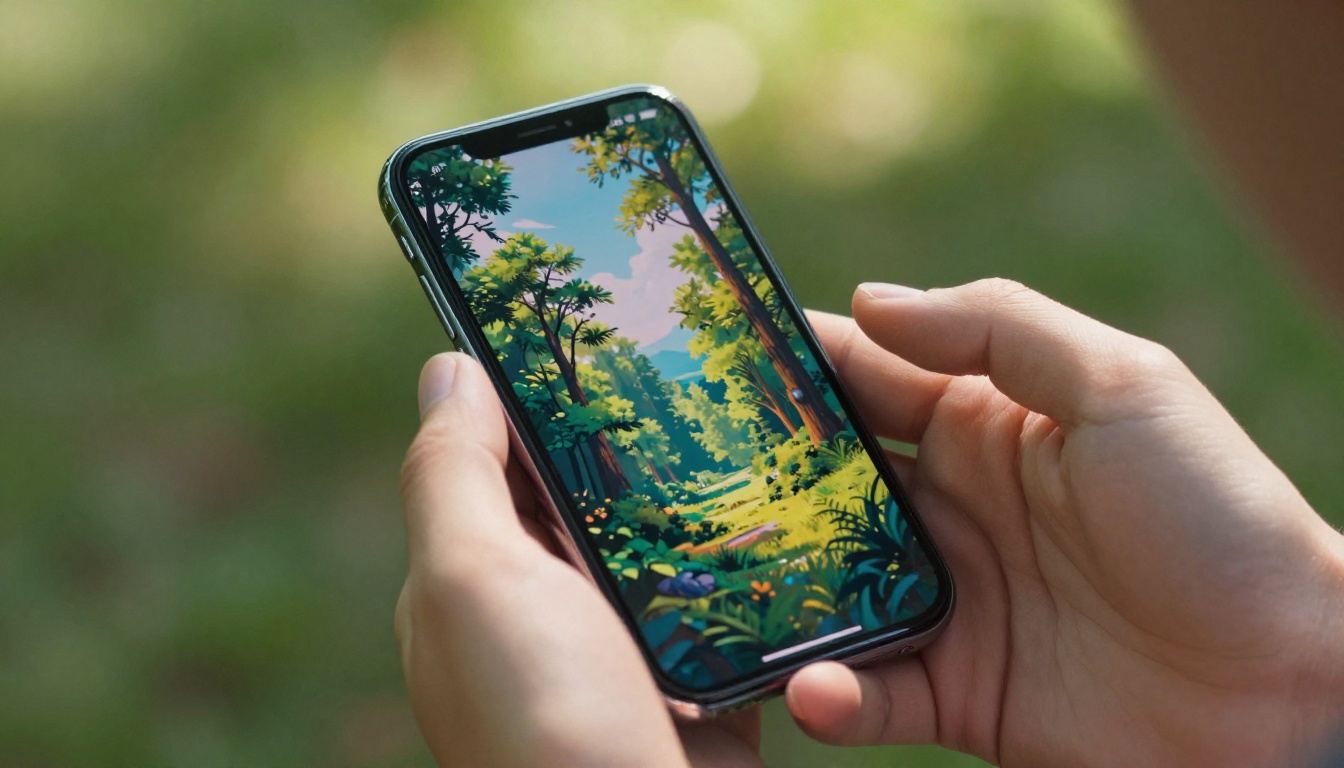 Hands holding smartphone outdoors with AI-generated landscape photograph visible on screen Hands holding smartphone outdoors with AI-generated landscape photograph visible on screen