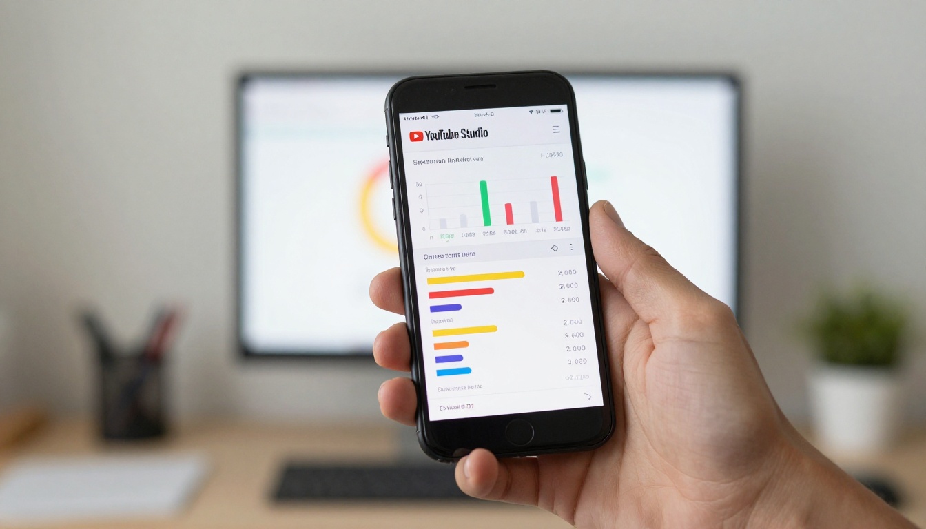 YouTube Studio analytics displayed on a smartphone showing CTR data